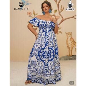 NWOT SHEIN Curve Bohemian Blue & White Off Shoulder Shirred Front Sundress, 1XL